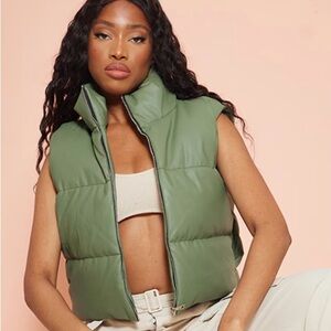 PrettLittleThing Tall Green Faux Leather Drop Hem Gilet -Size Medium